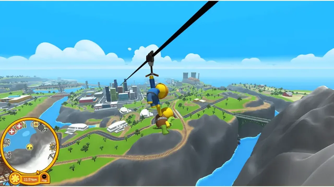 Wobbly Life character riding a zipline high above the island