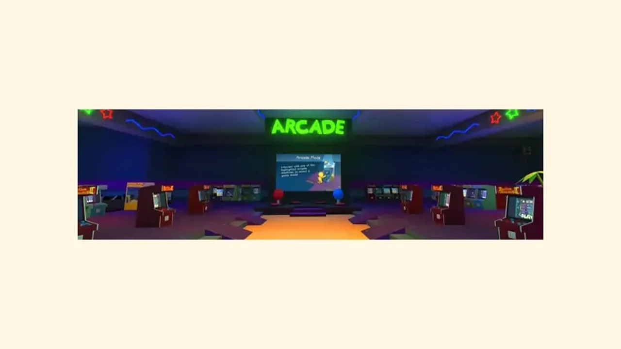 Wobbly Life arcade interior with game machines and a glowing arcade sign