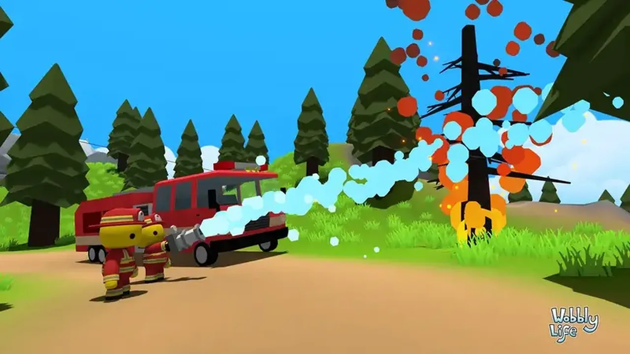 Wobbly Life firefighter spraying water on a burning tree beside a fire truck