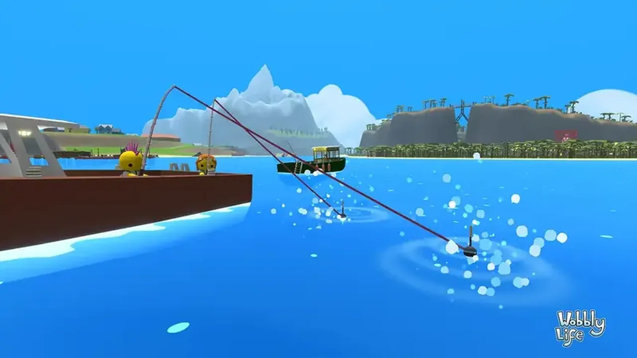 Wobbly Life character fishing from a boat on a calm blue lake