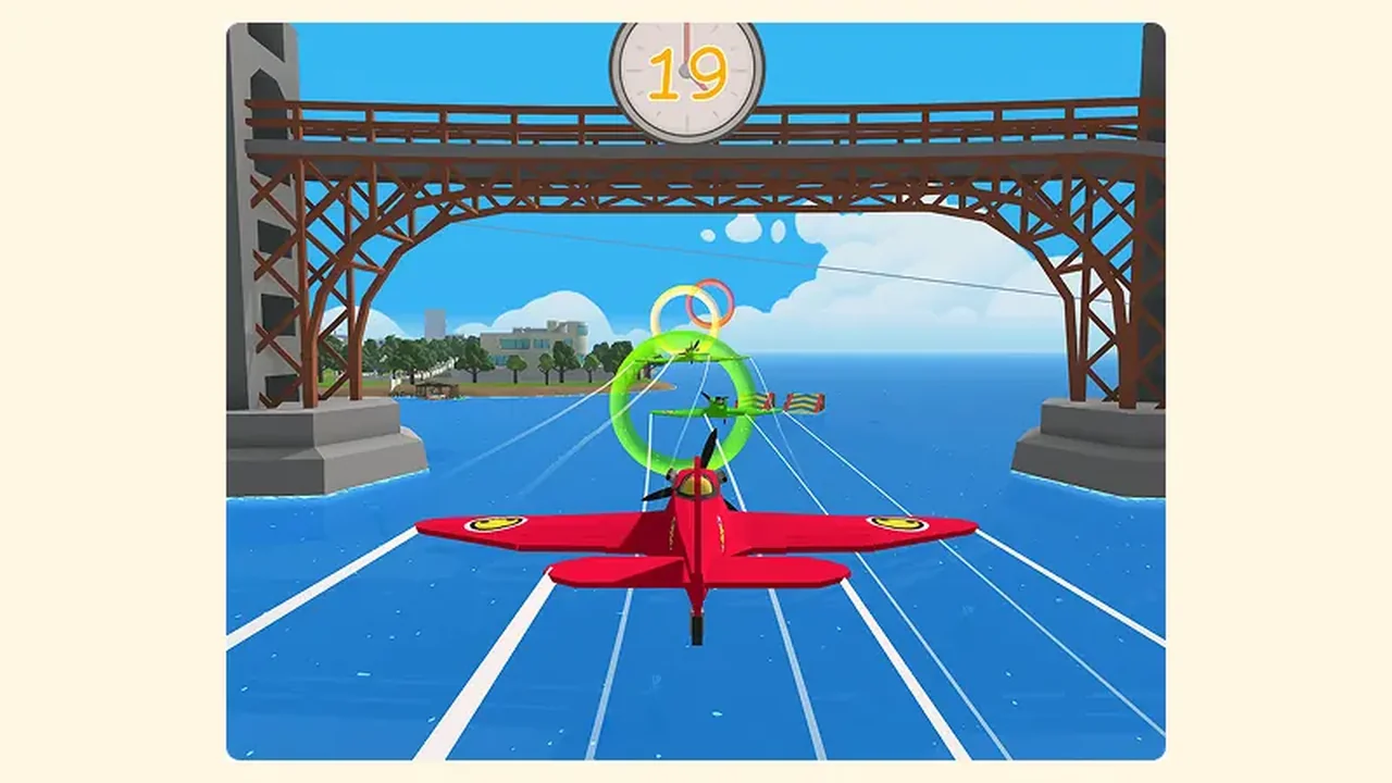 Wobbly Life red plane flying through rings over blue water