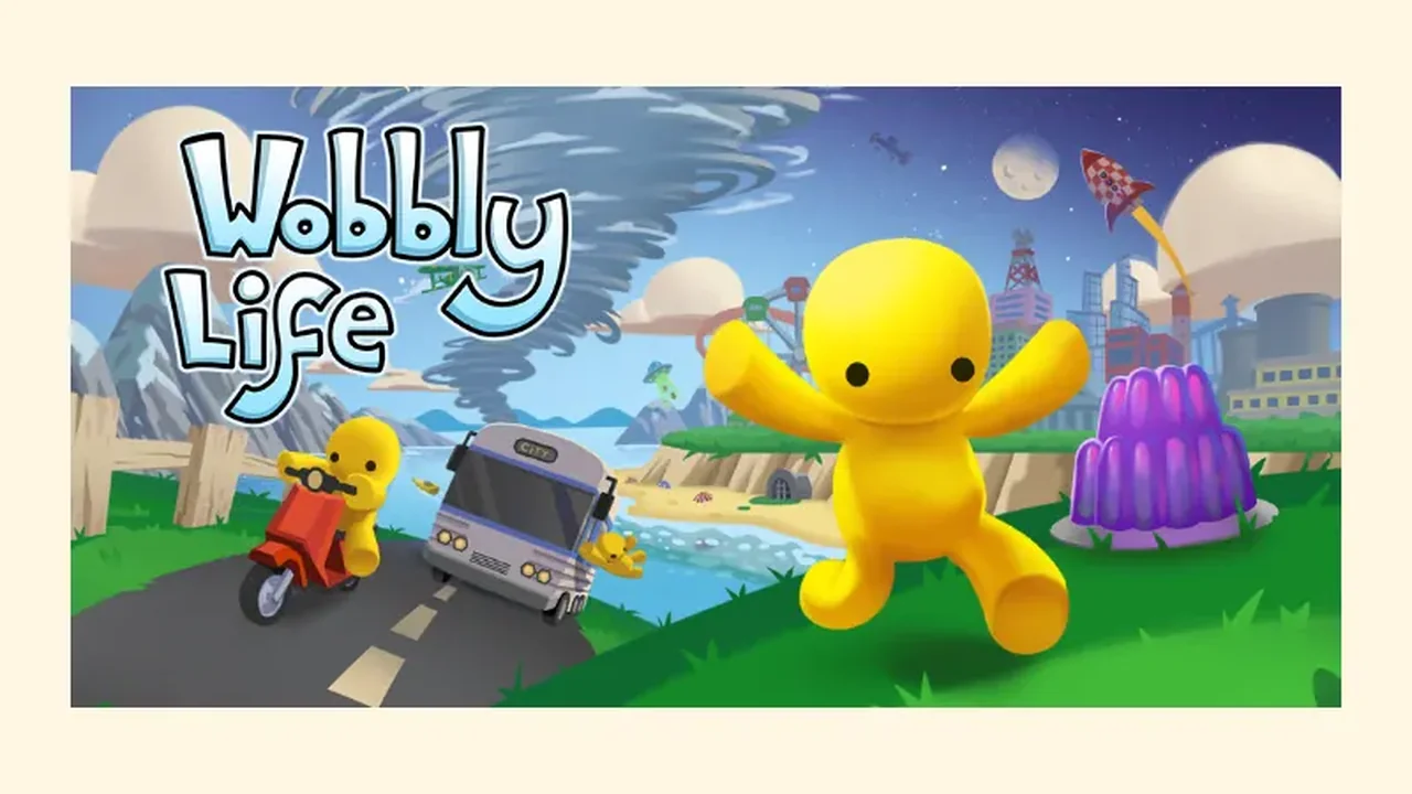 Wobbly Life hero art with the game logo, a yellow character and a scooter