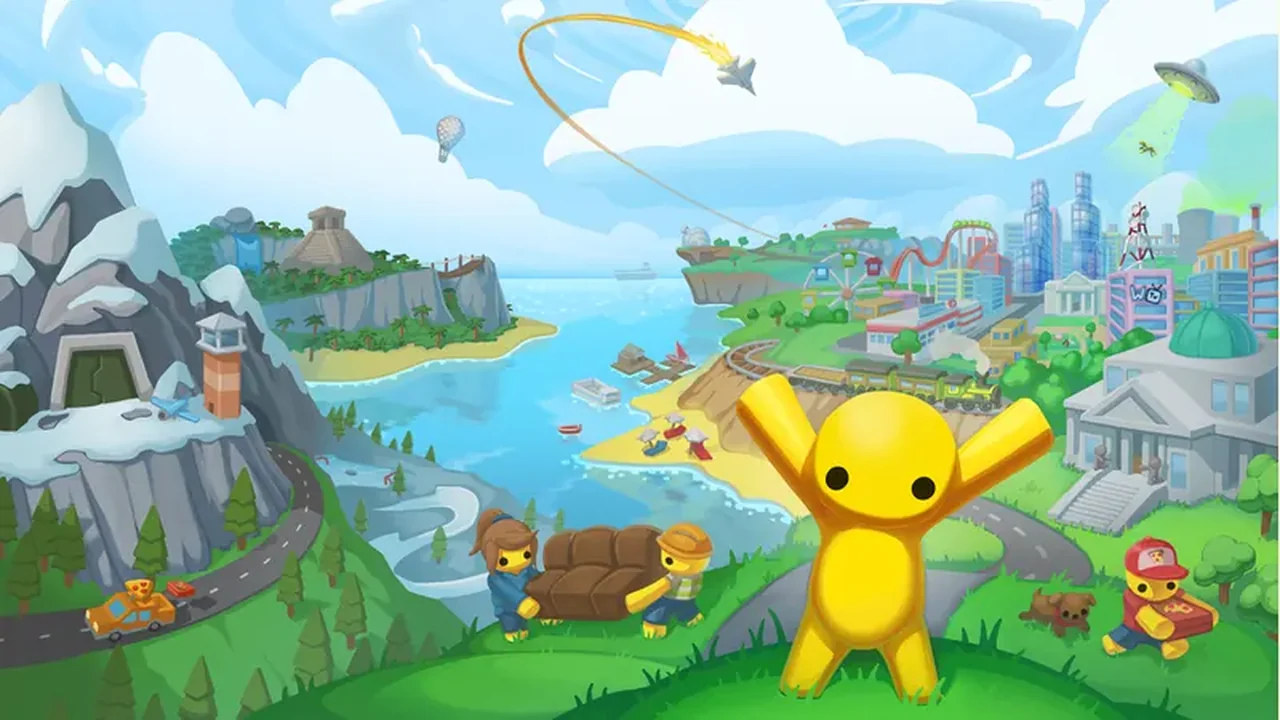 Wobbly Life island panorama with characters, pets and the town by the sea