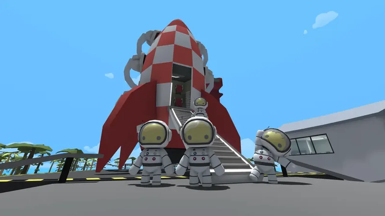 Wobbly Life astronauts beside a red and white rocket ready for launch