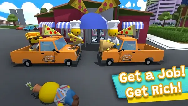 Wobbly Life pizza delivery job with two delivery trucks outside a restaurant